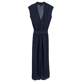 Theory-Theory V-Neck Jumpsuit in Navy Blue Silk-Blue