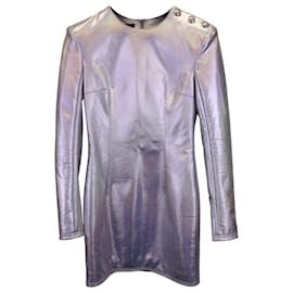 Balmain-Balmain Irredescent Mini Dress in Metallic Silver Leather-Silvery,Metallic