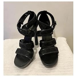 Saint Laurent-Leather and lace sandals-Black