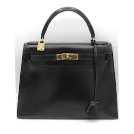 Hermès-HERMES KELLY 28 SELLIER BOX BAG IN BLACK, EXCELLENT CONDITION AND COMPLETE-Black,Golden