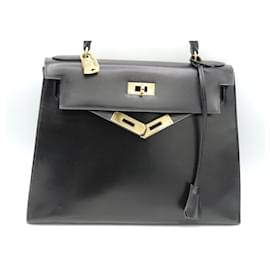 Hermès-HERMES KELLY 28 SELLIER BOX BAG IN BLACK, EXCELLENT CONDITION AND COMPLETE-Black,Golden