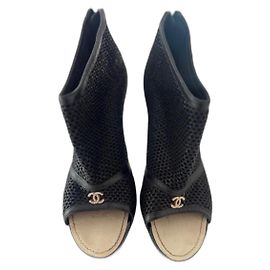 Chanel Black Perforated Leather Open Toe Pumps Black