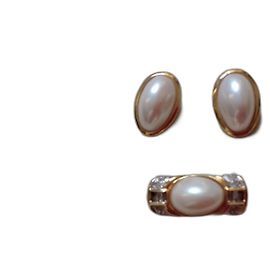Autre Marque Set Vogue Spilla e Orecchini Placcati Oro con Cristalli e Perle di Mabe D'oro