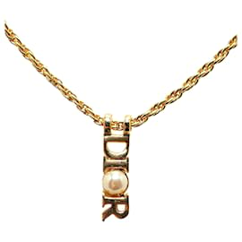 Dior-Dior Gold Logo Faux Pearl Pendant Necklace-Golden