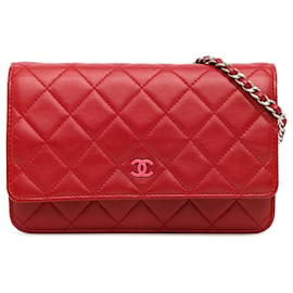 Chanel-Cartera Chanel clásica de piel de cordero roja con cadena-Roja