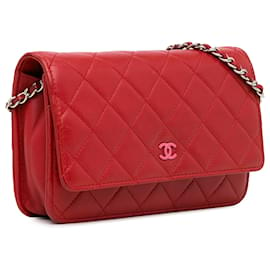 Chanel-Cartera Chanel clásica de piel de cordero roja con cadena-Roja