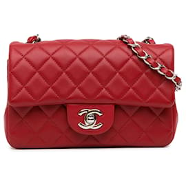 Chanel-Solapa única clásica de piel de cordero rectangular mini roja Chanel-Roja