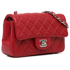 Chanel-Solapa única clásica de piel de cordero rectangular mini roja Chanel-Roja