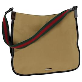 Gucci-GUCCI Web Sherry Line Shoulder Bag Canvas Beige Green 001 4321 2684 Auth ac2967-Beige,Green