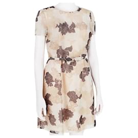 Valentino Garavani-Valentino Blush Cocoa Floral Lace-Print Silk Organza Summer Tea Dress-Brown