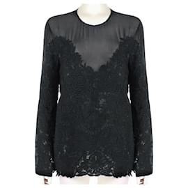 Stella Mc Cartney-Blusa de seda preta com renda de rosas pretas em chiffon transparente da Stella McCartney.-Preto