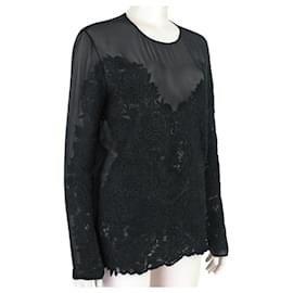 Stella Mc Cartney-Blusa de seda preta com renda de rosas pretas em chiffon transparente da Stella McCartney.-Preto