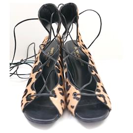 Saint Laurent-Saint Laurent leopard print calf hair lace-up sandals-Brown