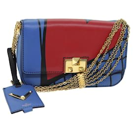 Valentino-VALENTINO Chain Shoulder Bag Leather Blue Red Auth 73198A-Red,Blue
