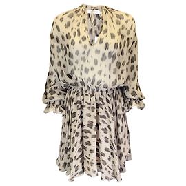 Anine Bing Vestido bege multi Elliana com estampa de leopardo e manga comprida em chiffon de seda Bege
