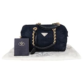 Prada-Prada Black Nylon Triangle Golden Chain Shopper Bag-Blue