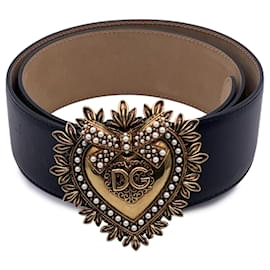 Dolce & Gabbana-Cinturón Devotion Piel Negro Hebilla Corazón Talla 90/36-Castaño