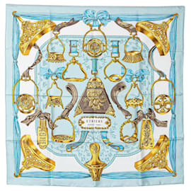 Hermès-Foulard Hermès Etriers Bleu Soie-Bleu,Bleu clair