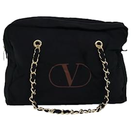 Valentino-VALENTINO Bolso Tote Con Cadena Lona Negro Autenticación yk12279-Negro