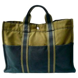 Hermès HERMES Sac cabas coton Toto kaki et noir canvas GM / TBE Kaki