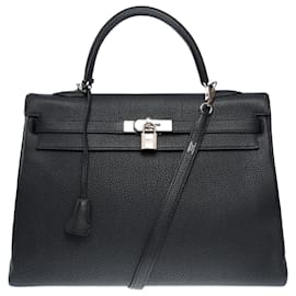 Hermès-HERMES Kelly 35 Bag in Black Leather - 101891-Black