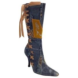 Autre Marque-Rene Caovilla – Vintage-Stiefel aus Schlangenleder in Blau/Hellbraun mit Verzierung-Blau