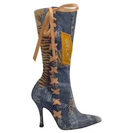 Autre Marque-Rene Caovilla Vintage Blue / Tan Embellished Snakeskin Leather Boots-Blue