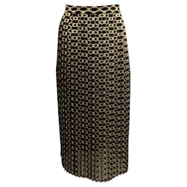 Autre Marque-Black / Gold Logo Jacquard Pleated Midi Skirt-Black