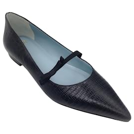 Autre Marque-Frances Valentine Black Embossed Pointed Toe Mary Jane Leather Flats-Black