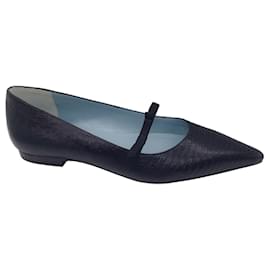 Autre Marque-Frances Valentine Black Embossed Pointed Toe Mary Jane Leather Flats-Black