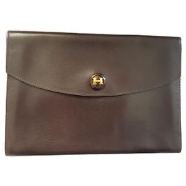 Pochette vintage Rio Hermès en cuir glacé marron Marron foncé