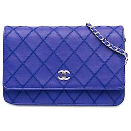 Chanel-Portefeuille fantaisie en cuir de veau matelassé CC bleu Chanel sur chaîne-Bleu