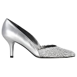 Stuart Weitzman-Stuart Weitzman Chantelle Lace Toe Pumps in Silver Leather-Silvery