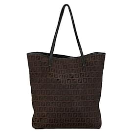 Fendi-Fendi Zucchino Canvas Leather Tote Bag in Very Good Condition-Brown