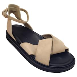 Autre Marque-Gentry Portofino Beige Cross Strap Flat Suede Sandals-Beige