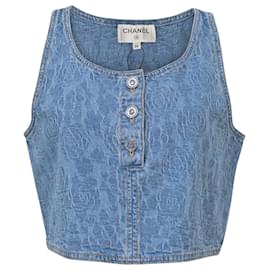 Chanel-Chanel Camellia Denim Crop Top in Blue Cotton-Blue