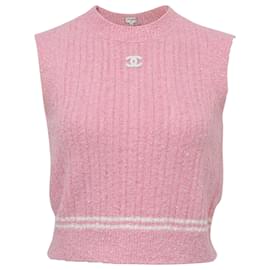 Chanel-Chanel 2022 Crewneck Tweed CC Crop Top in Pink Viscose-Pink