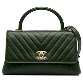 Chanel-Chanel Green Medium Aged Calfskin Chevron Coco Handle Bag-Green,Dark green