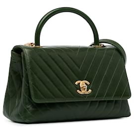 Chanel-Chanel Green Medium Aged Calfskin Chevron Coco Handle Bag-Green,Dark green
