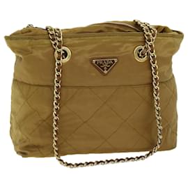 Prada-PRADA Quilted Chain Shoulder Bag Nylon Beige Auth ki4426-Beige