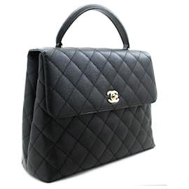 Chanel-CHANEL Caviar Sac à Main Top Handle Bag Kelly Rabat Noir Cuir Doré-Noir