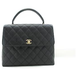 Chanel-CHANEL Caviar Sac à Main Top Handle Bag Kelly Rabat Noir Cuir Doré-Noir