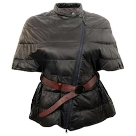 Autre Marque-Brunello Cucinelli Black Leather Short Sleeve Belted Puffer Jacket-Black
