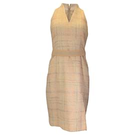 Vestido de tweed boucle con cinturón multicolor Akris Tan Camello