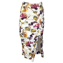 Jason Wu Collection Chalk Multi Floral Printed Crinkled Midi Skirt Multiple colors