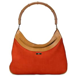 Gucci-Borsa a tracolla Gucci in pelle scamosciata di bambù rossa-Marrone,Rosso,Marrone chiaro