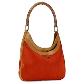 Gucci-Borsa a tracolla Gucci in pelle scamosciata di bambù rossa-Marrone,Rosso,Marrone chiaro