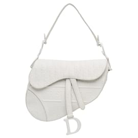 Dior-Dior White Embossed Leather Oblique Saddle Bag-White,Other