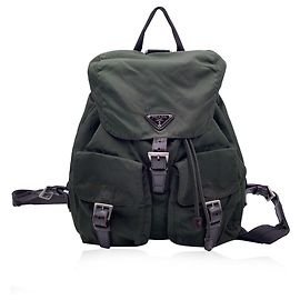 Prada Vintage Dunkelgrüner Nylon Canvas Rucksack Schultertasche Grün