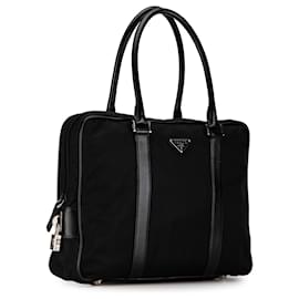 Prada-Prada Black Saffiano Trimmed Tessuto Business Bag-Black